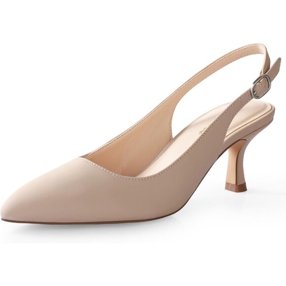 Shoes - Women's Nude Nubuck Slingback Kitten Heels Closed Pointed Toe Pumps Dress Shoes